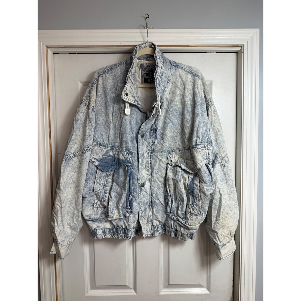 Vintage Dash Life's Adventures Acid Wash‎ Denim Bomber Jacket XL Blue 80s 90s